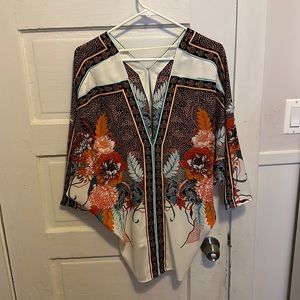 ROSE + OLIVE Womens Ivory Floral Kimono Blouse Shirt Large